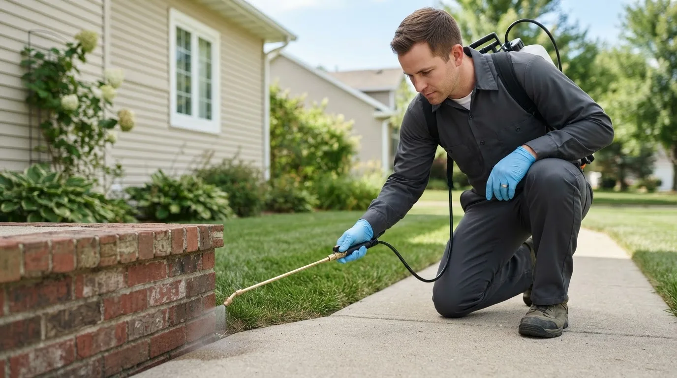 Pest control technician treating a home near Crosby, ND