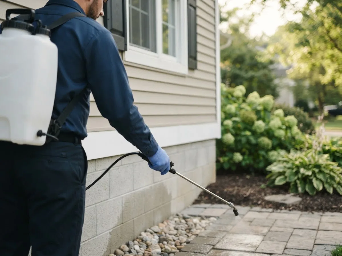 Pest control technician inspecting a home in Crosby, ND